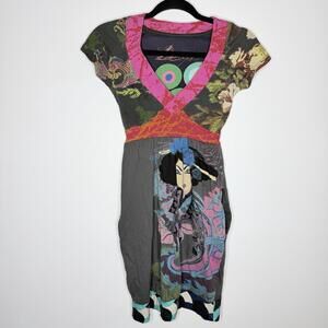 Desigual Geisha Graphic Mini Dress Maximalist Boho Whimsigoth Patchwork XS